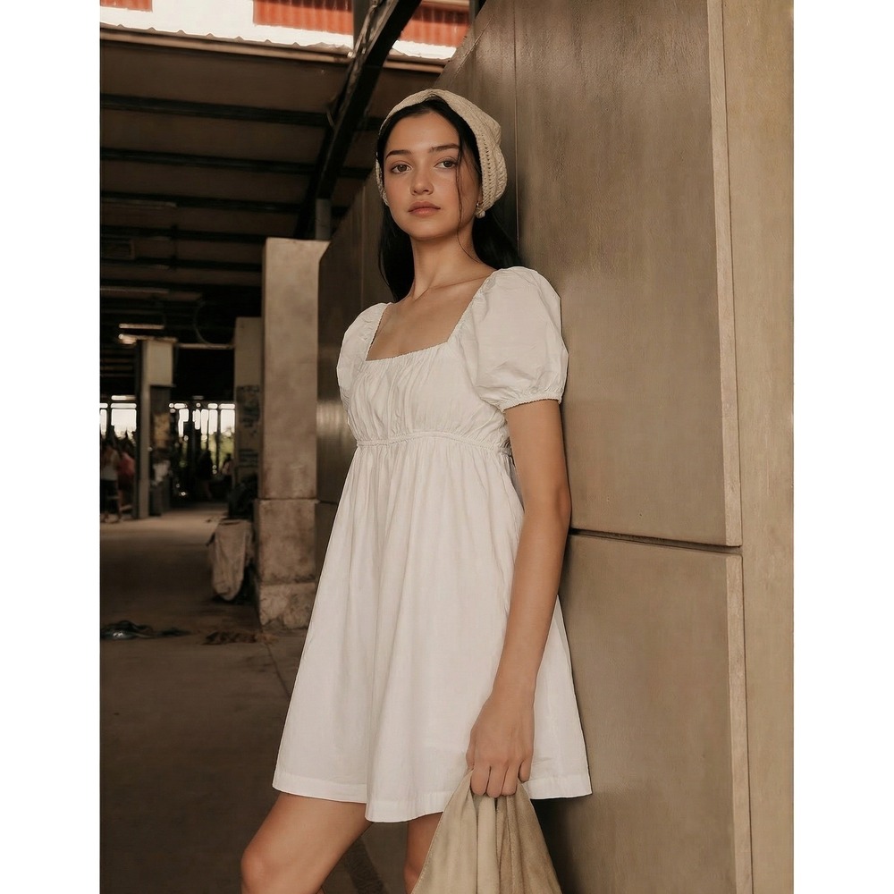 Abound Puff Sleeve Empire Waist Mini Dress White Medium NWT Cotton Summer Boho